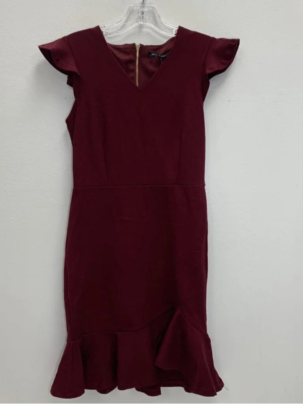 V-Neck Wine Midi Dress with Flounce Hem